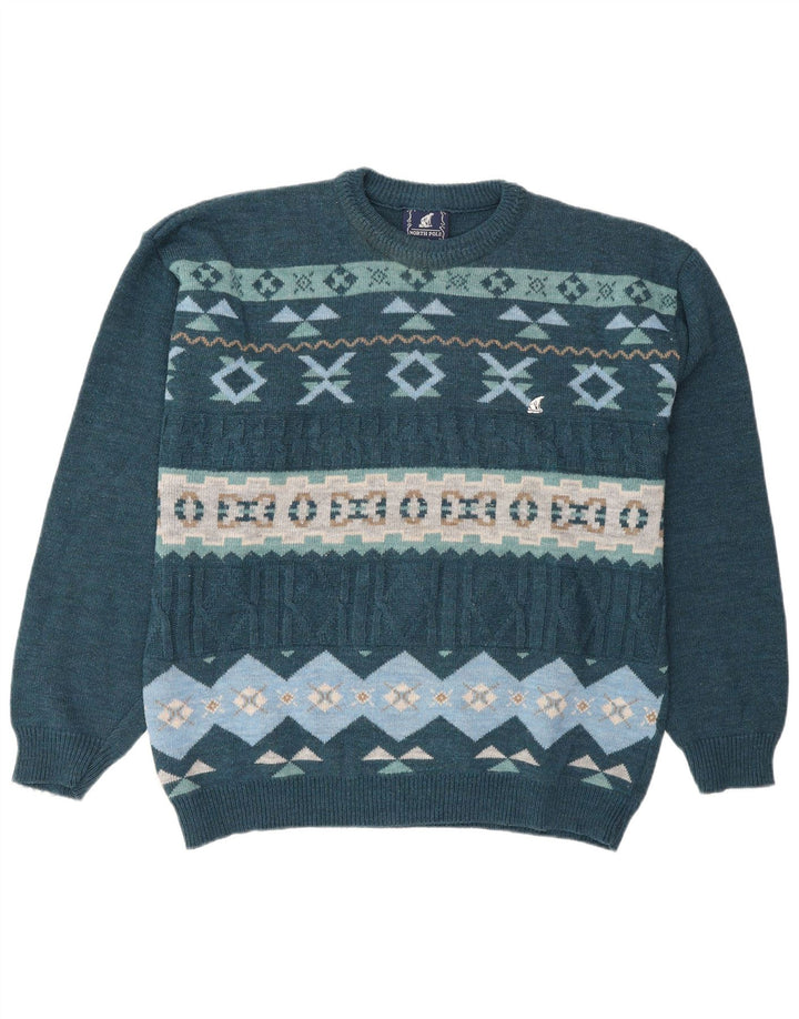 Męski sweter z okrągłym dekoltem North Pole XL, niebieska, wełna Fair Isle