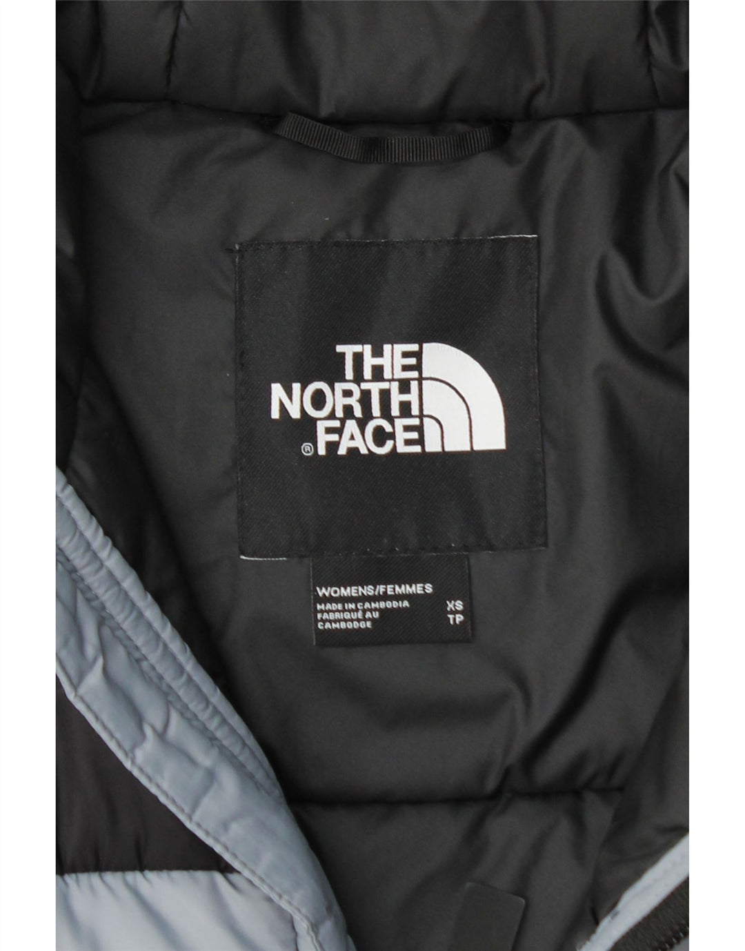 Damska ocieplana kurtka z kapturem THE NORTH FACE UK 6 XS, szary nylon w bloki kolorów