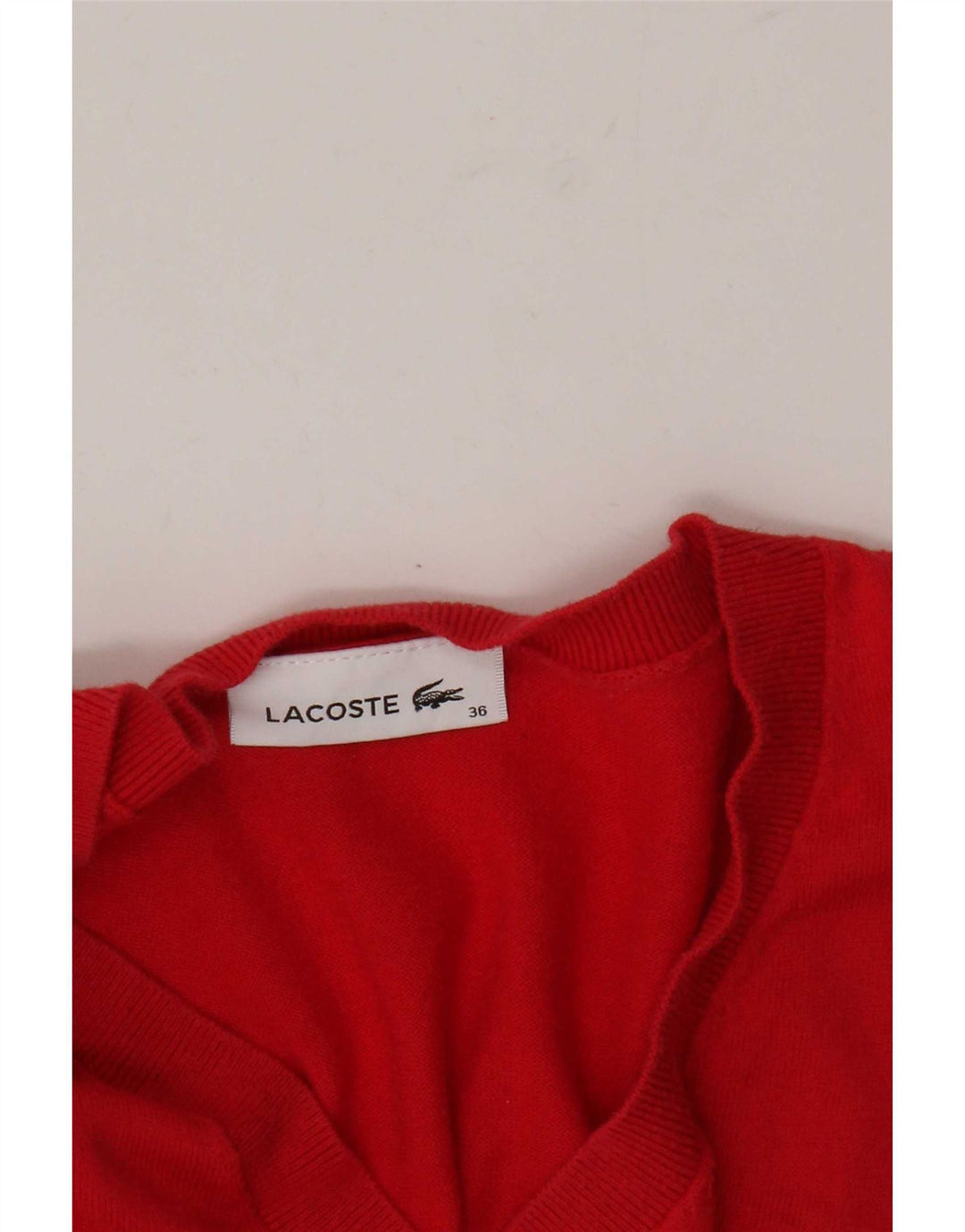 Damski sweter Lacoste z dekoltem w kształcie litery V, rozmiar 36, mały czerwony
