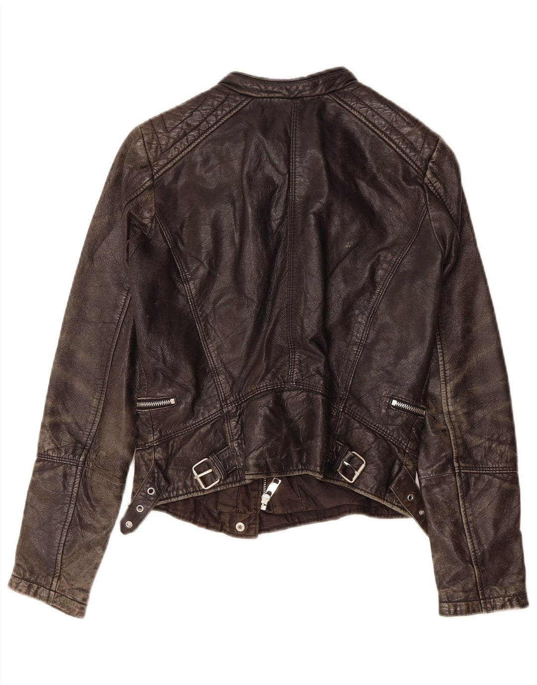 BERSHKA Womens Biker Leather Jacket UK 12 Medium Black Leather