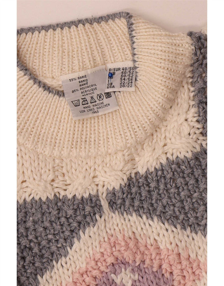 Sweter damski w stylu vintage z golfem UK 22/24 3XL Off White Patchwork