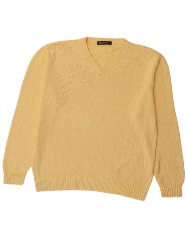 Męski sweter Zara z dekoltem w kształcie litery V, duży, żółty, bawełniany