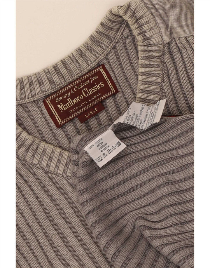 Marlboro Classics Męski sweter z dekoltem w kształcie litery V, duży, szary, bawełniany