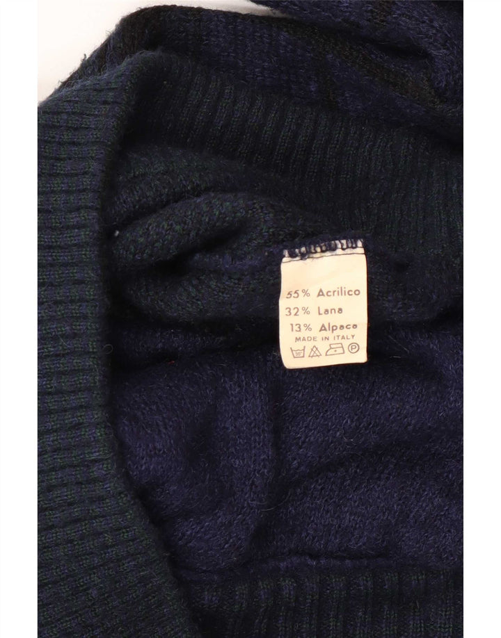 Vintage męski sweter rozpinany, średni granatowy, poliakryl w kratkę