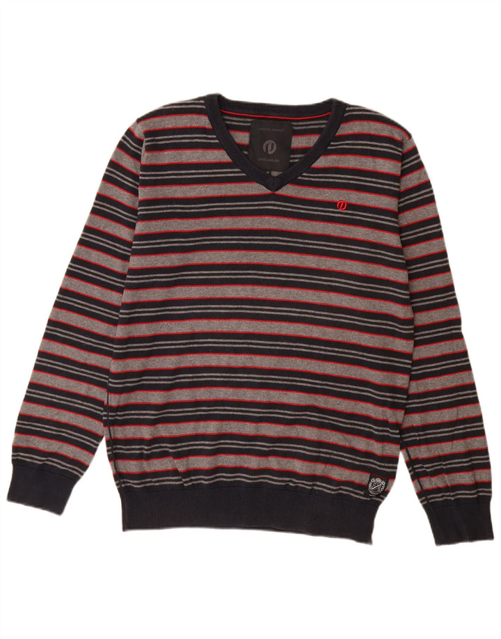 Męski sweter Jack & Jones z dekoltem w kształcie litery V, bawełniany w średnie szare paski