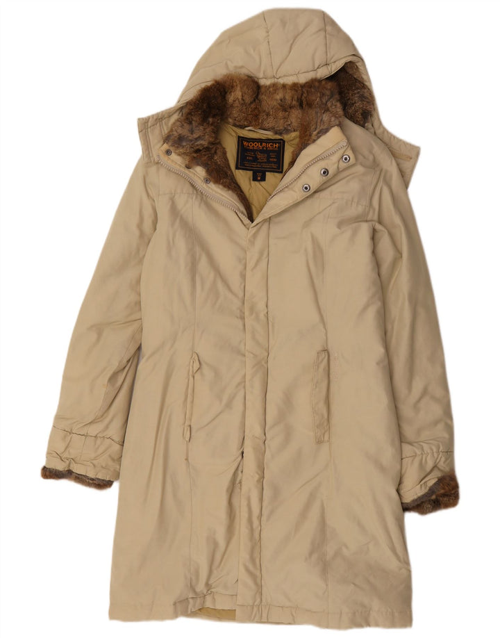 Damski ocieplany płaszcz z kapturem Woolrich UK 12, średni beż, bawełna