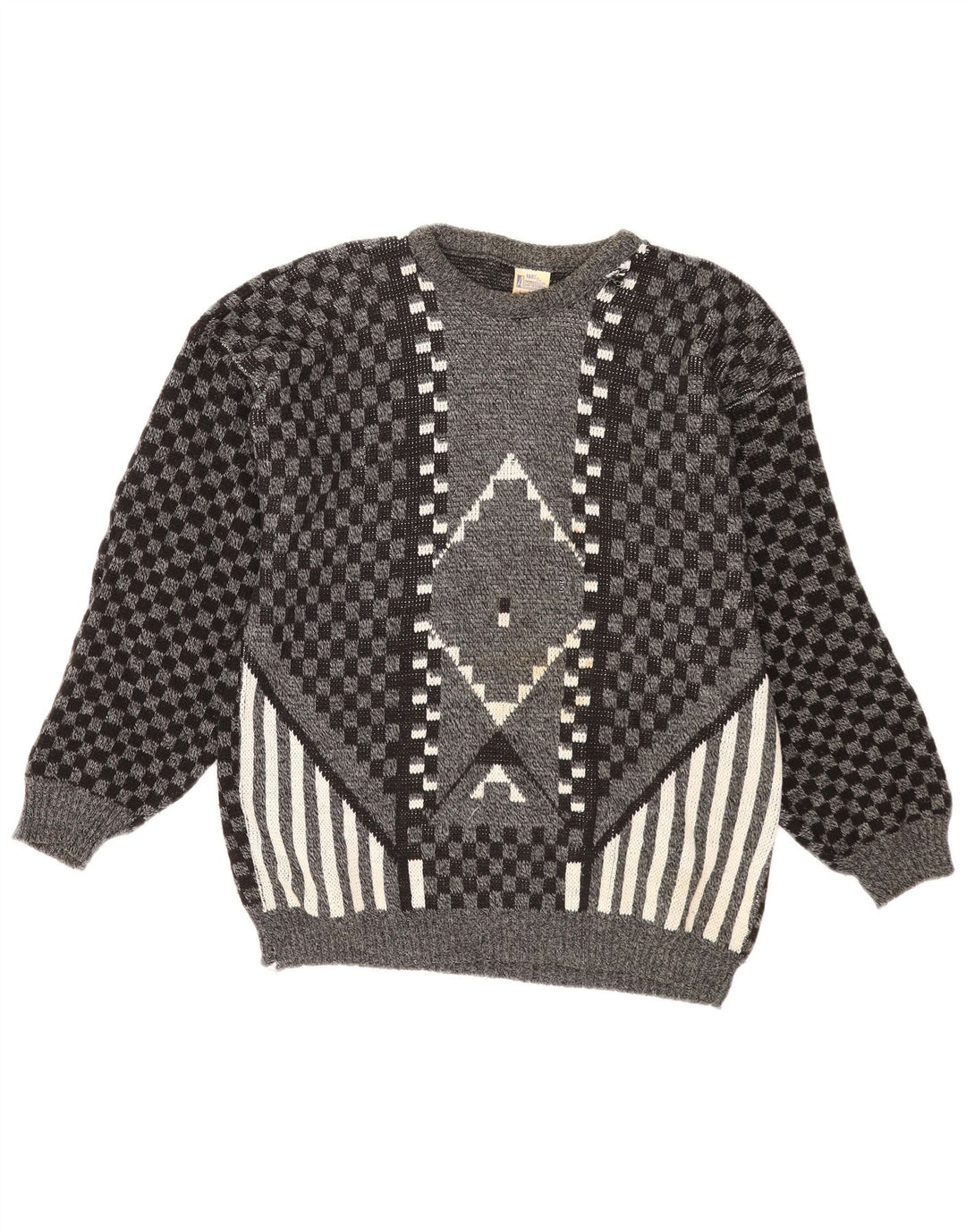Vintage męski sweter z dekoltem w łódkę, średnio szary, geometryczny akryl