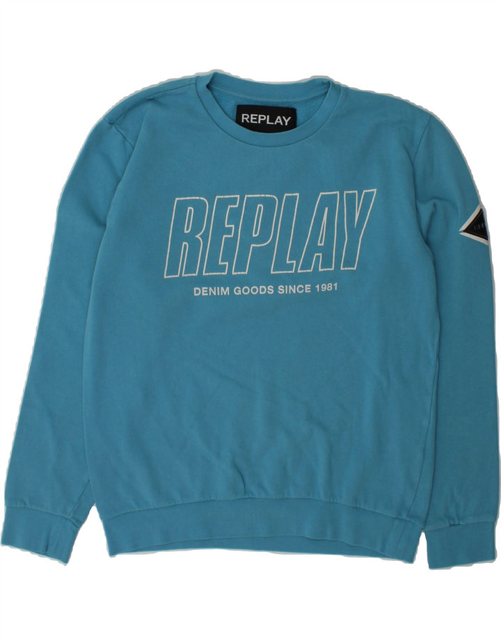 REPLAY Womens Graphic Oversized Sweatshirt Jumper UK 16 Large Blue Cotton Vintage Replay and Second-Hand Replay from Messina Hembry 