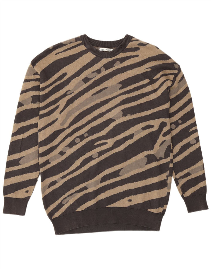 Męski sweter Zara, mały, brązowy, bawełniany w paski