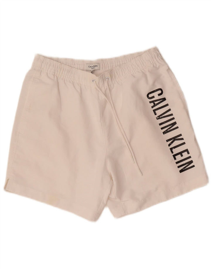 Męskie spodenki kąpielowe Calvin Klein z grafiką, małe, białe, poliestrowe