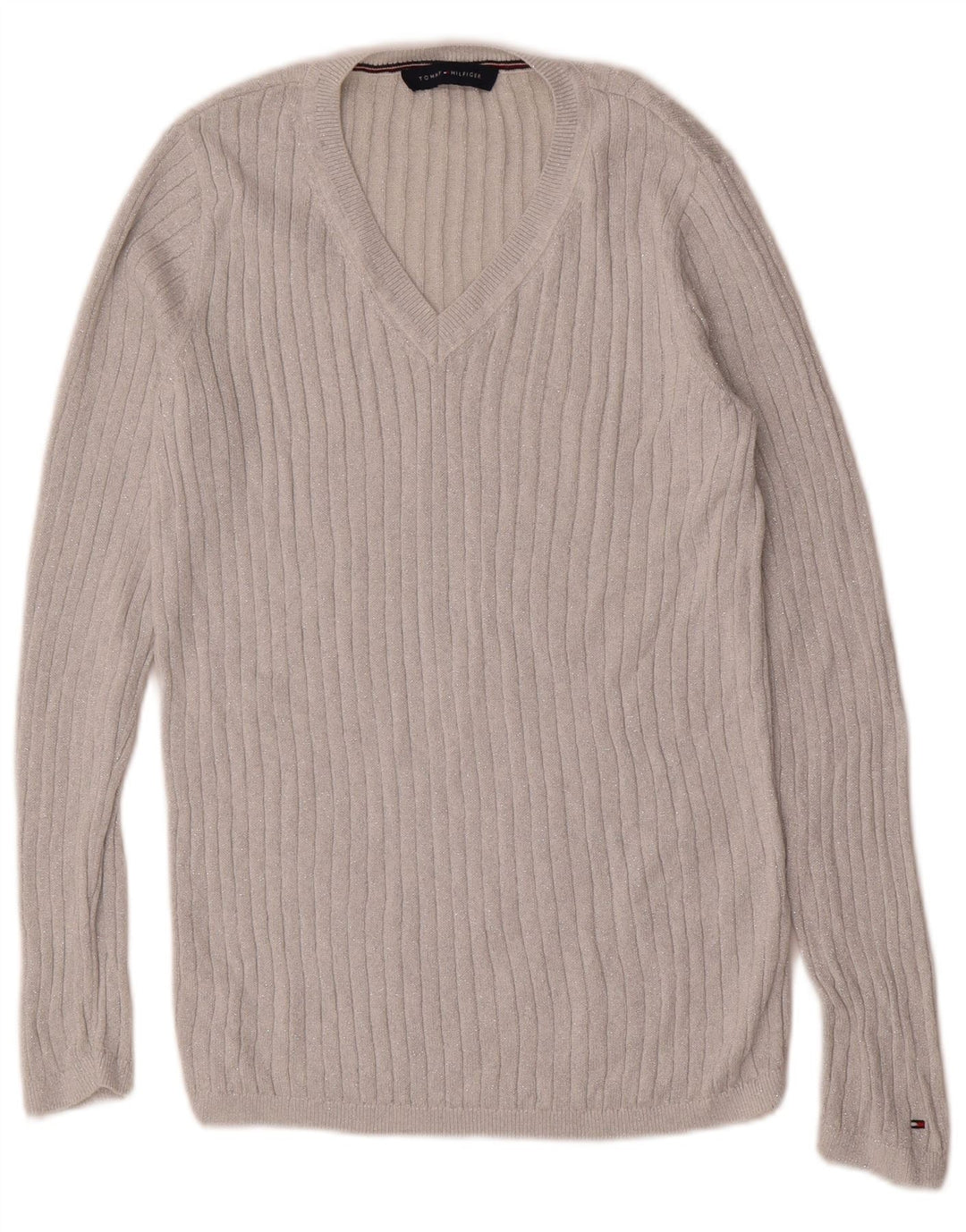 Damski sweter Tommy Hilfiger z dekoltem w kształcie litery V, UK 12, średni szary, nakrapiany