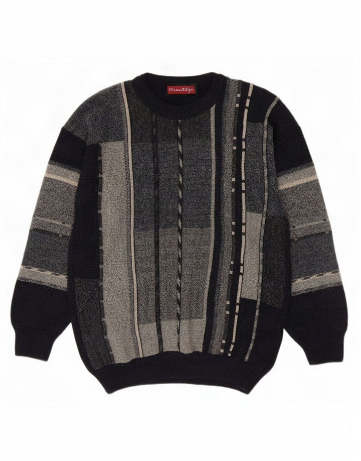Vintage męski sweter z okrągłym dekoltem, średni granatowy, akrylowy blok kolorów