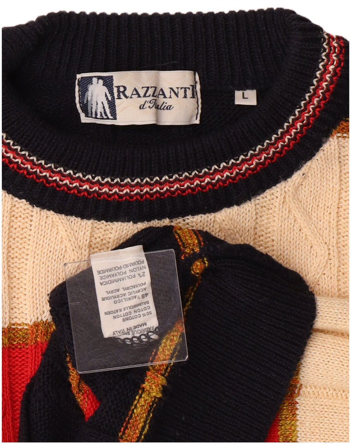 Vintage męski sweter z wycięciem pod szyją, duży, wielokolorowy, bawełniany w paski