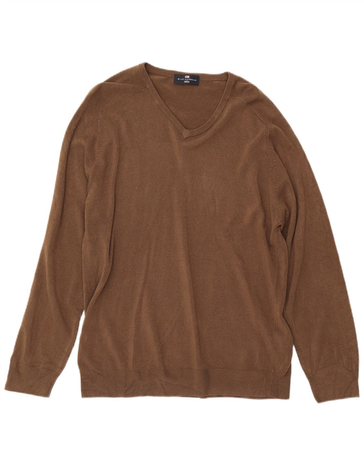 Męski sweter MARKS & SPENCER Blue Harbor z dekoltem w kształcie litery V, duży, brązowy