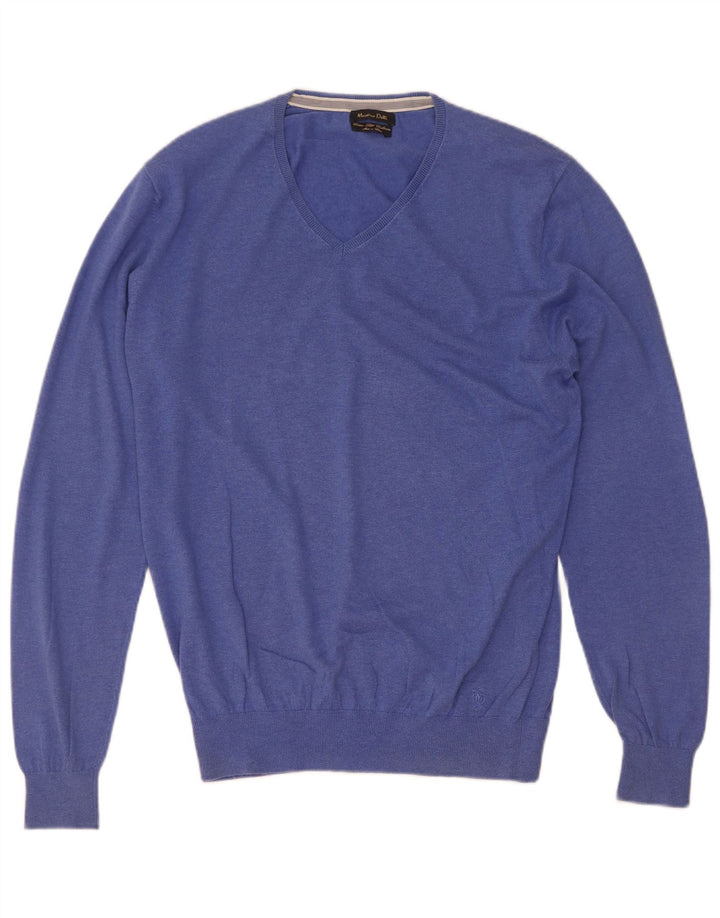 Męski sweter Massimo Dutti z dekoltem w kształcie litery V, średnioniebieski, bawełniany