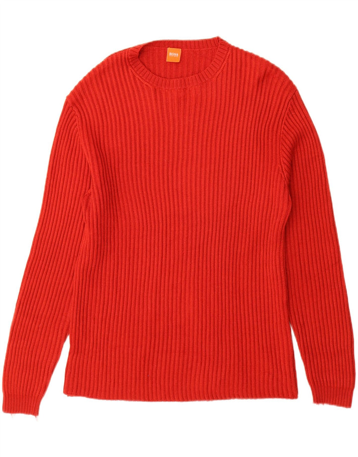 Męski sweter z okrągłym dekoltem HUGO BOSS, duży, czerwony, wełniany