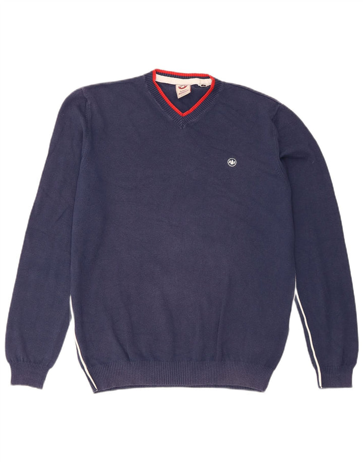 Murphy & Nye Męski sweter Sailmakers z dekoltem w kształcie litery V, duży, granatowy, bawełniany