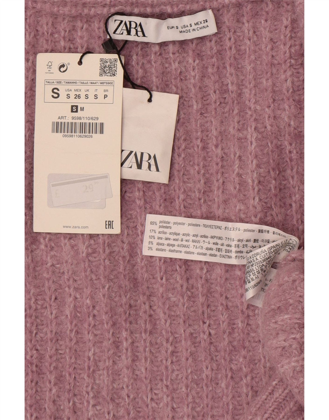 Damski sweter oversize Zara UK 10, mały, różowy poliester