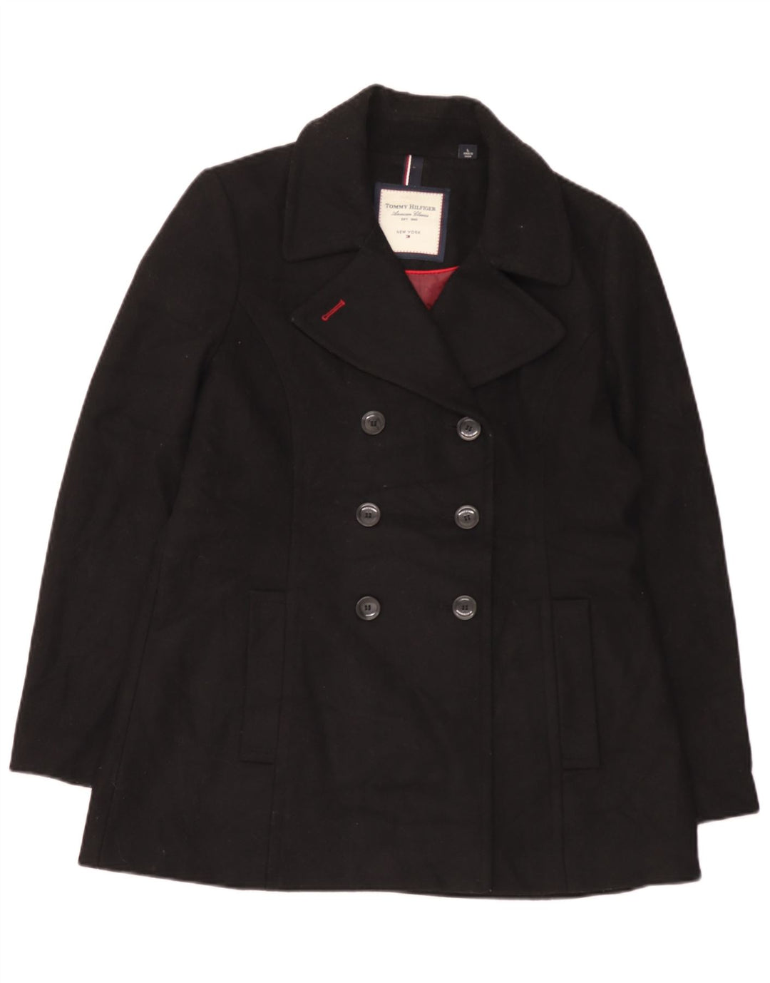 Damski płaszcz grochowy Tommy Hilfiger UK 16, duży, czarny, wełniany