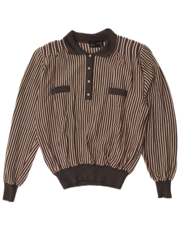 Sweter damski w stylu vintage, z dekoltem polo, UK 16, duży, wełniany w szare paski
