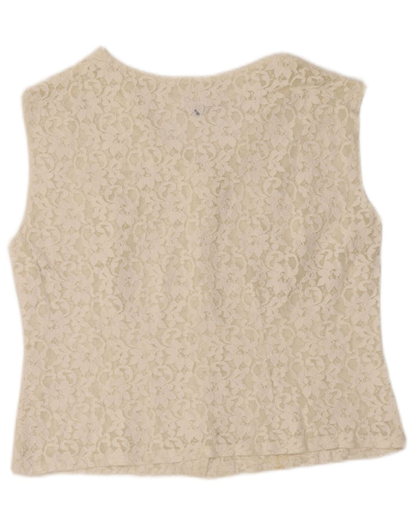 Damska bluzka koszulowa bez rękawów w stylu VINTAGE IT 50 XL w kolorze złamanej bieli w kwiaty