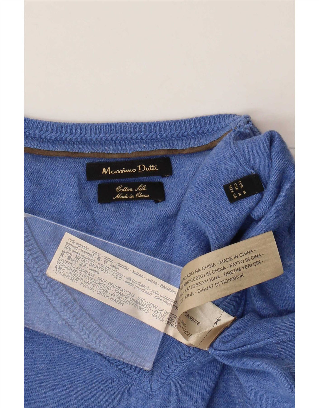 Męski sweter Massimo Dutti z dekoltem w kształcie litery V, średnioniebieski, bawełniany