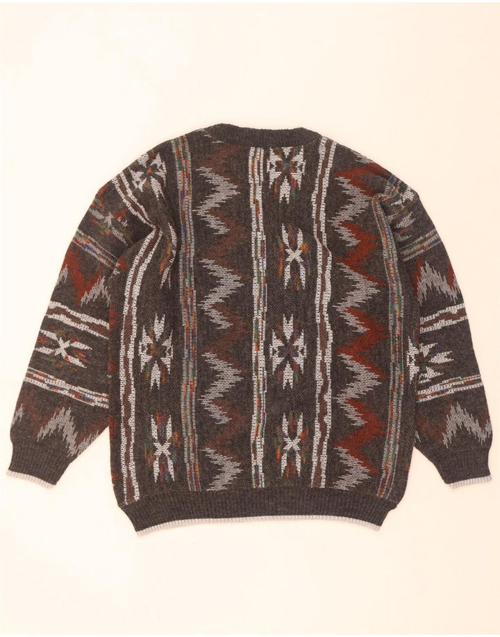 Vintage męski sweter z okrągłym dekoltem, średnio szary, geometryczny