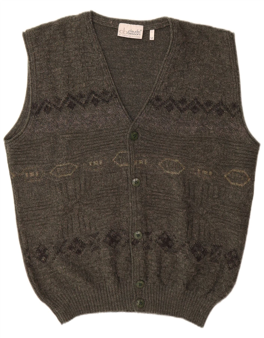 Męski sweter bez rękawów w stylu vintage, średni khaki, geometryczny akryl