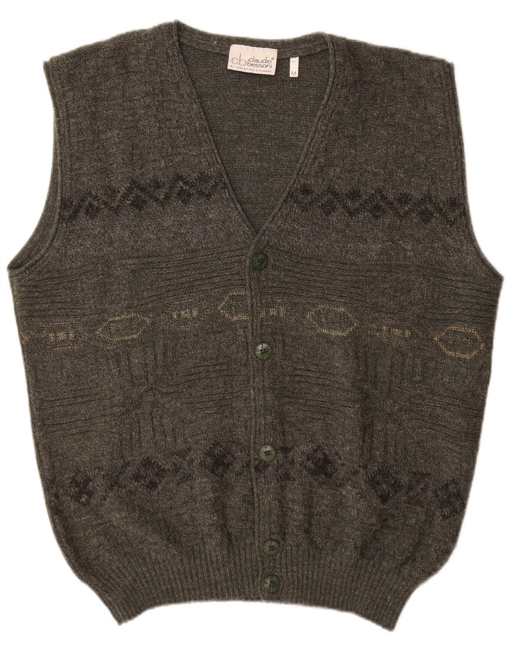 Męski sweter bez rękawów w stylu vintage, średni khaki, geometryczny akryl