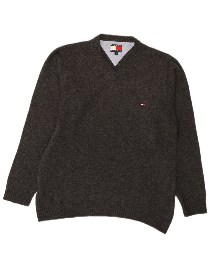 Męski sweter Tommy Hilfiger z dekoltem w kształcie litery V, mały, szary, z owczej wełny
