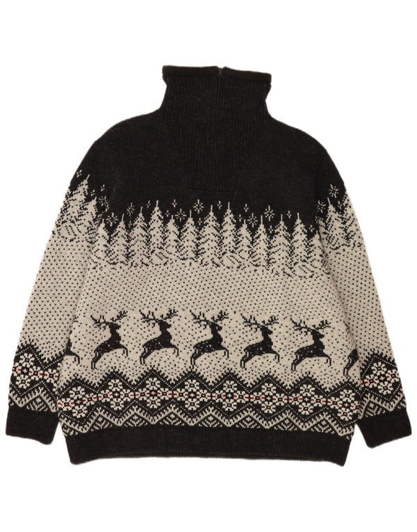 Vintage męski sweter z zamkiem błyskawicznym 2XL, czarny Fair Isle Wool
