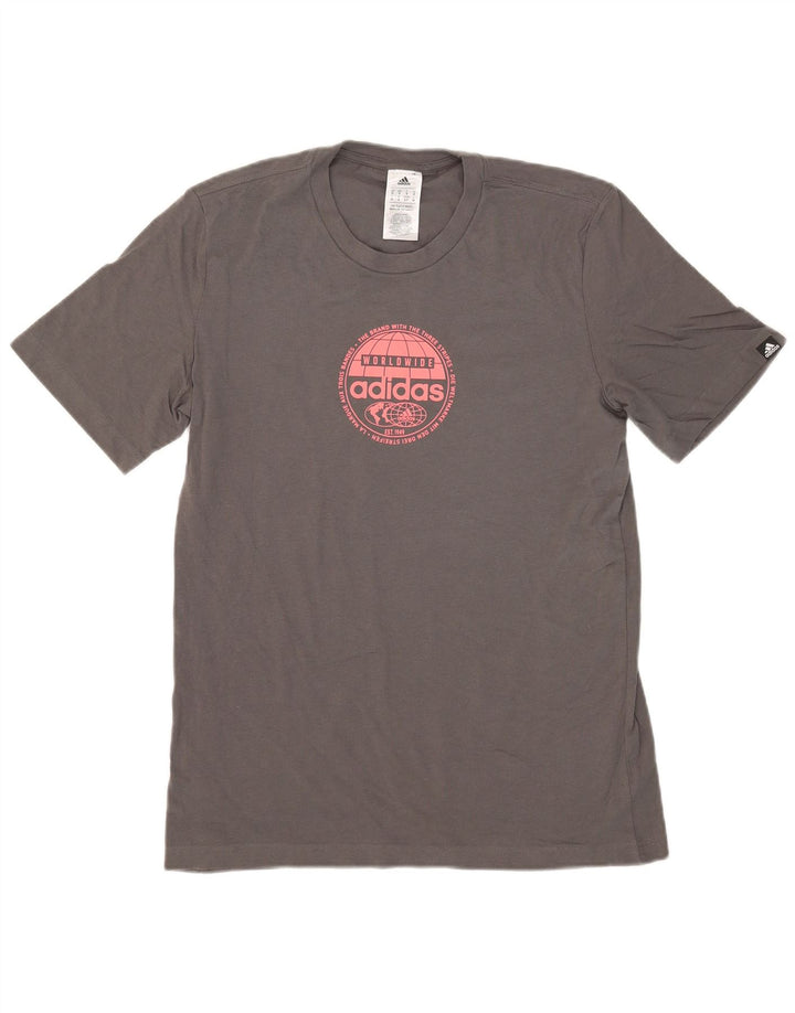 Męski T-shirt z grafiką ADIDAS, mały, szary, bawełniany