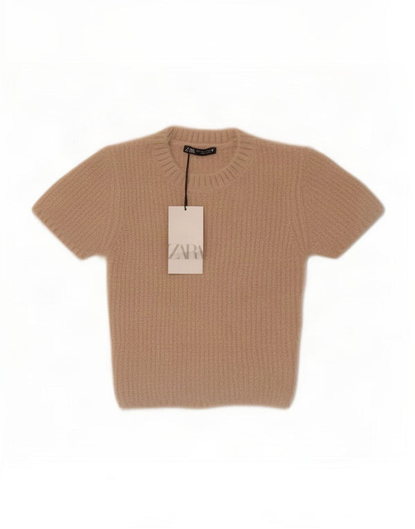 Damski sweter Zara z krótkim rękawem i okrągłym dekoltem UK 8 Small Beige