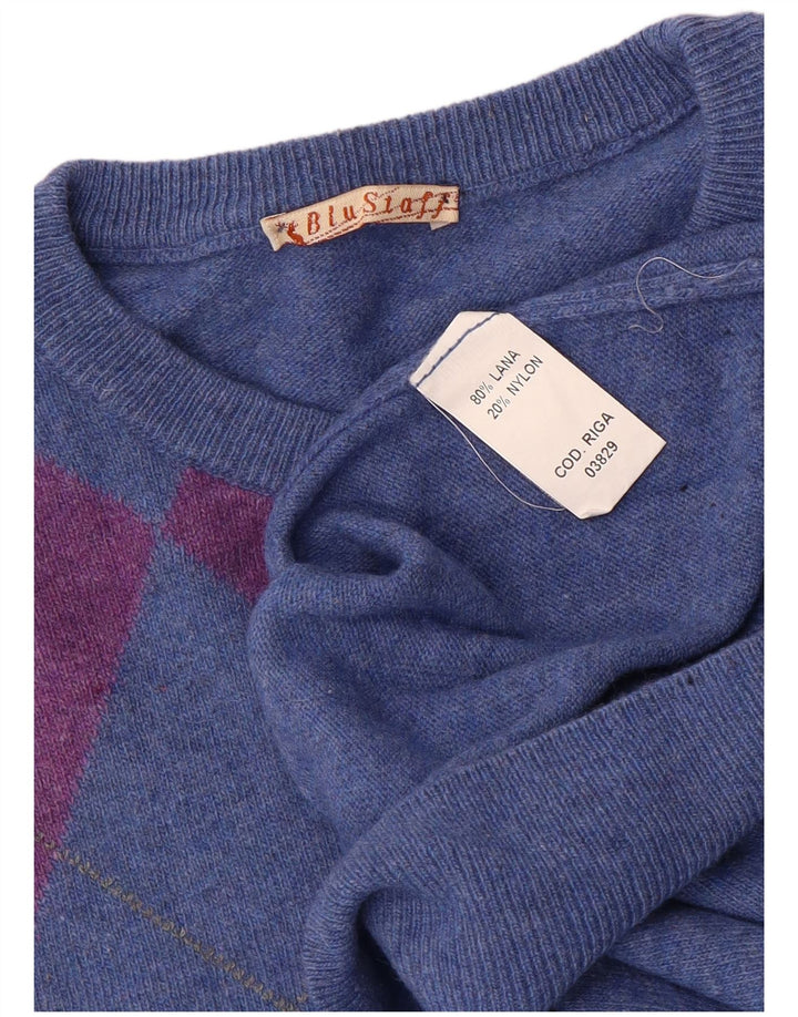 Vintage męski sweter z okrągłym dekoltem, duży niebieski Argyle/diamentowa wełna