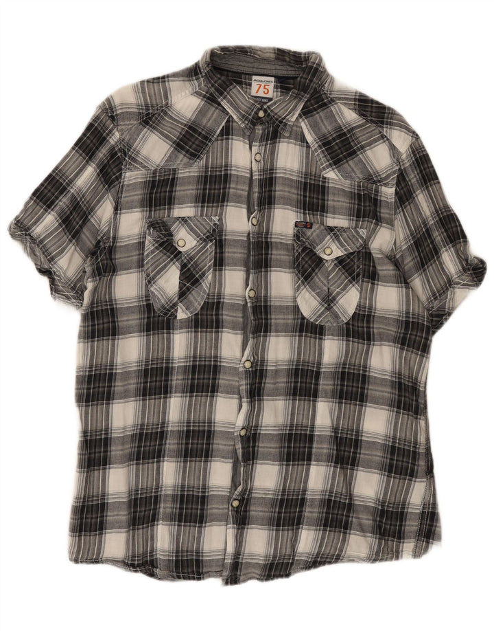 Męska koszula flanelowa Jack & Jones z krótkim rękawem, duża, szara, bawełniana w kratę