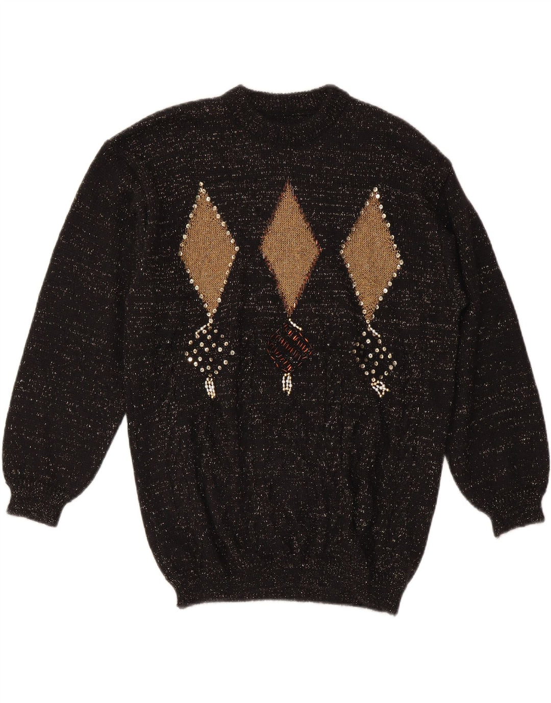 Damski sweter z okrągłym dekoltem w stylu VINTAGE UK 14 Średni czarny Argyle/Diament