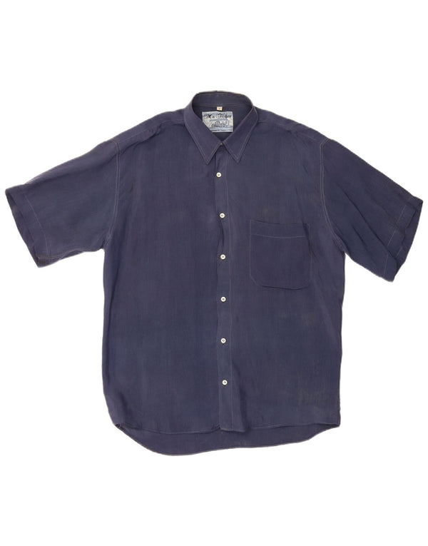 Mac Fashion Mens Short Sleeve Shirt Medium Navy Blue Silk