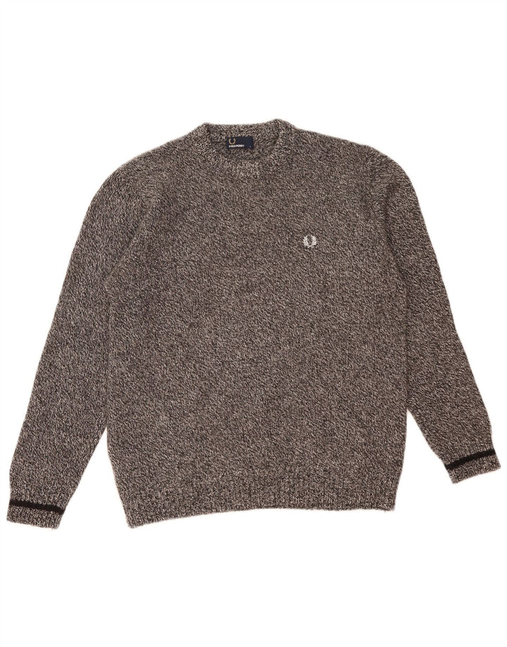 Męski sweter Fred Perry z okrągłym dekoltem, duży, szary, wełniany w cętki