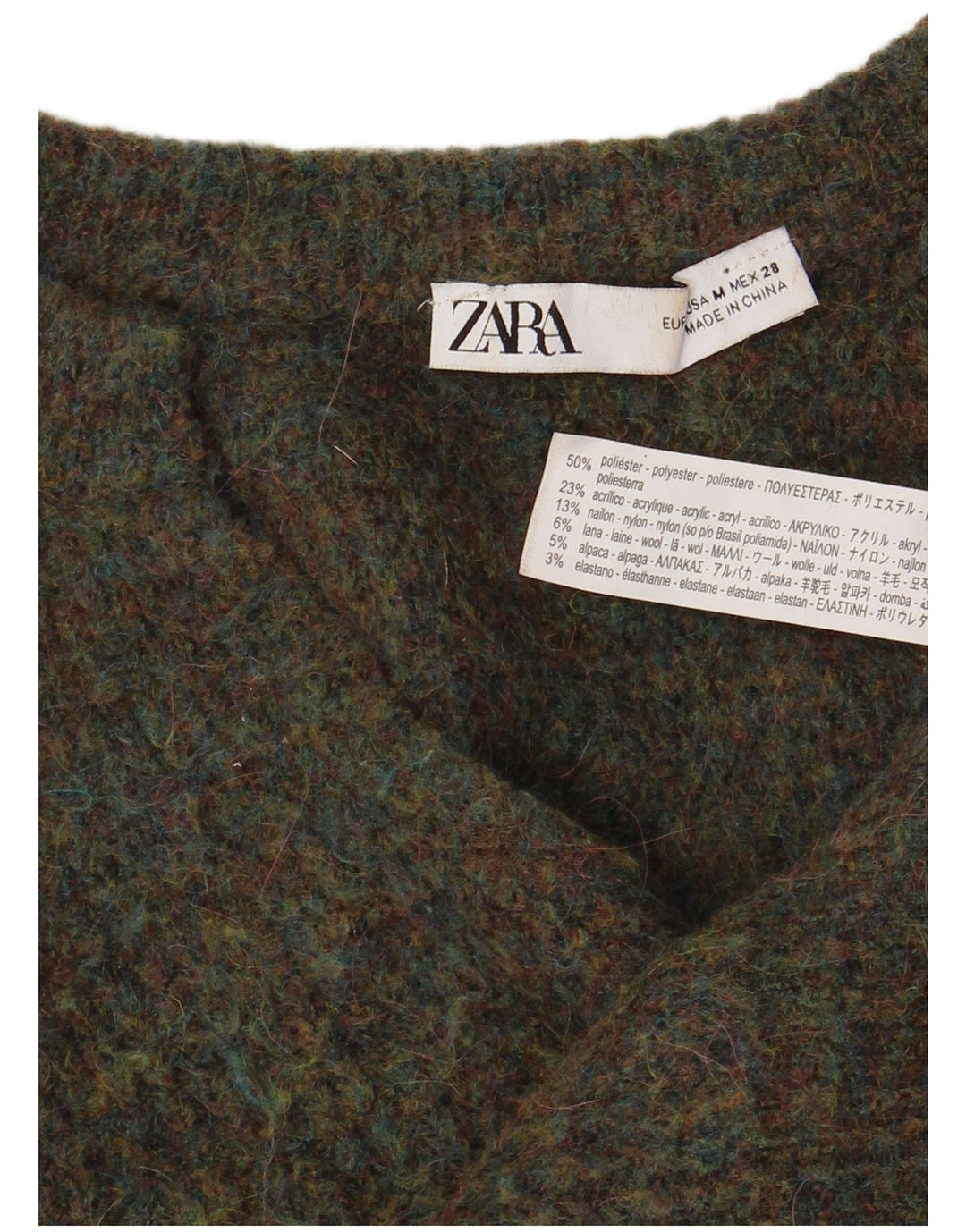 Damski sweter Zara z dekoltem w kształcie litery V, UK 14, średni khaki, nakrapiany