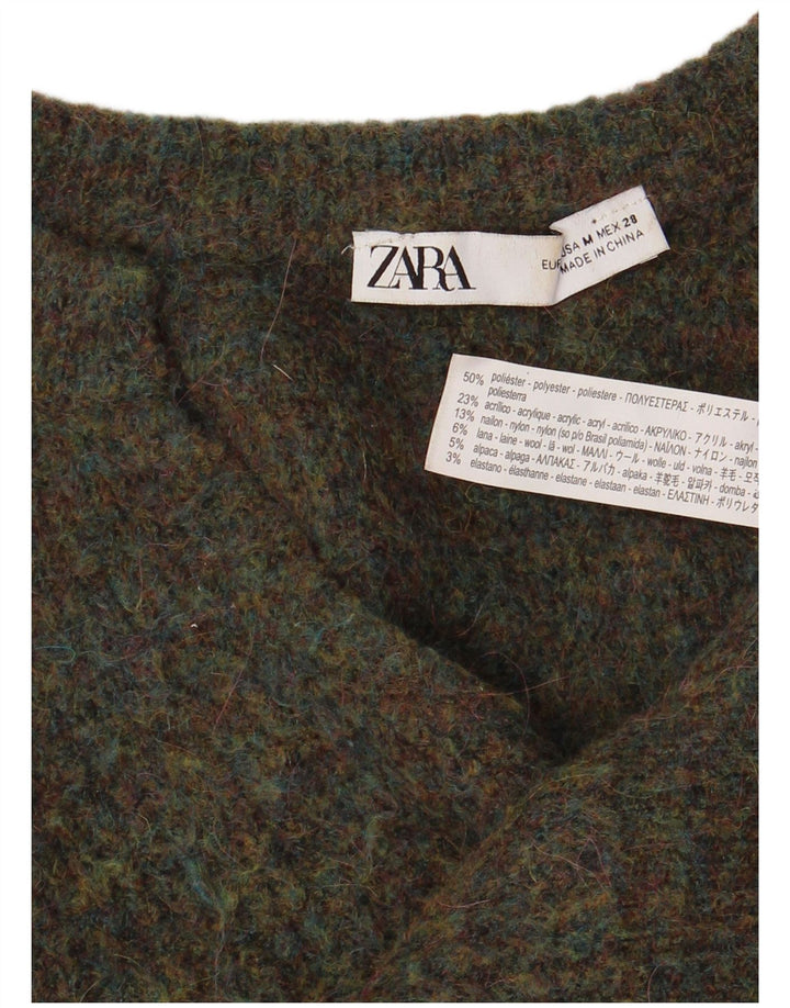 Damski sweter Zara z dekoltem w kształcie litery V, UK 14, średni khaki, nakrapiany