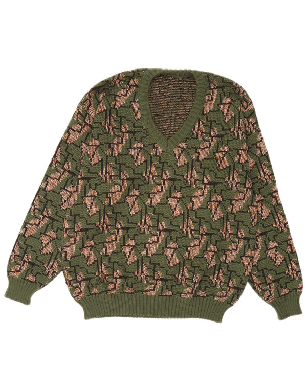 Męski sweter w stylu vintage z dekoltem w szpic IT 52, duży, zielony, geometryczny