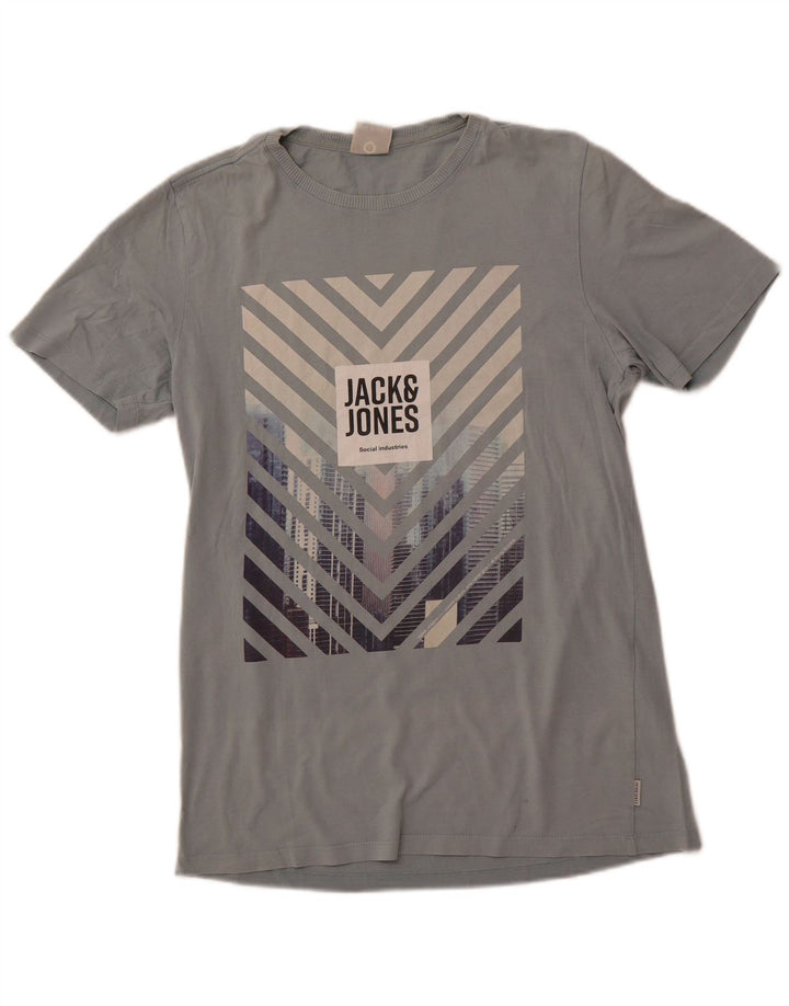 Męski T-shirt z grafiką JACK & JONES, mały, niebieski, bawełniany