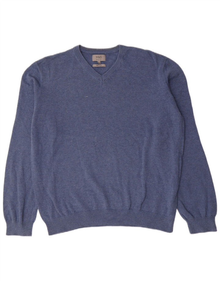 Marks & Spencer Męski sweter z dekoltem w kształcie litery V, XL, niebieski, bawełniany