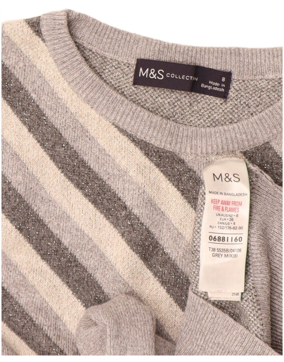 Marks & Spencer Damski sweter z okrągłym dekoltem, UK 8, w małe szare paski