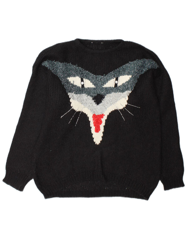 Vintage damski sweter z graficznym wycięciem pod szyją UK 18 XL, czarny moher