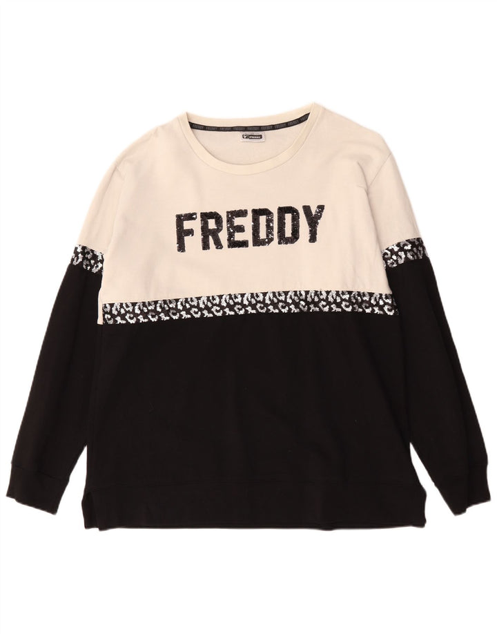 Damska bluza z grafiką Freddy, UK 14, duża, czarna, z blokami kolorów