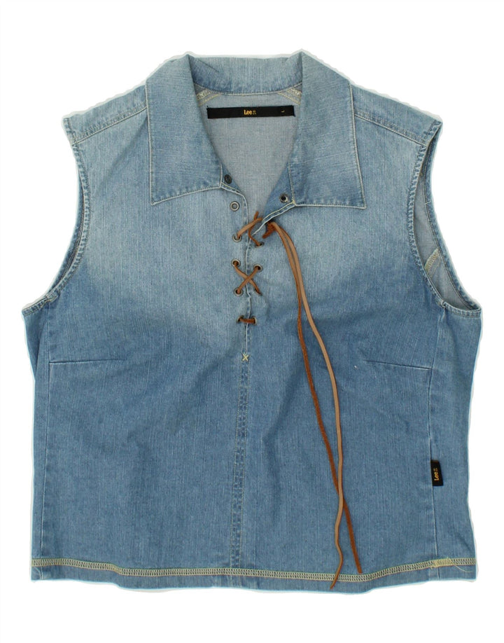 LEE Womens Crop Sleeveless Pullover Shirt UK 16 Large Blue Colourblock Vintage Lee and Second-Hand Lee from Messina Hembry 