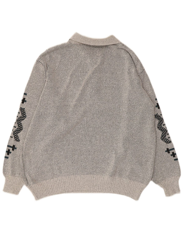 Vintage Mens Polo Neck Jumper Sweater UK 38/40 Medium Grey Geometric