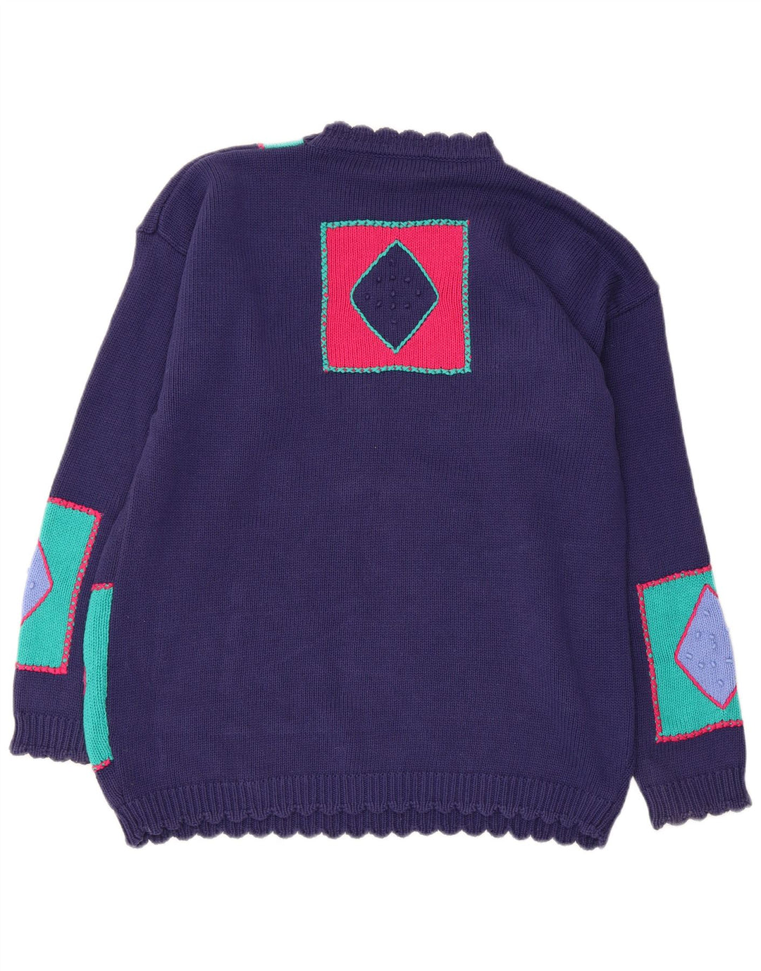 Damski sweter z okrągłym dekoltem w stylu VINTAGE UK 14 Średni granatowy patchwork