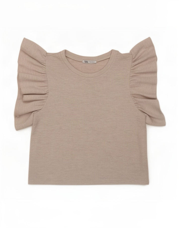 Damski krótki t-shirt Zara UK 12, średni beżowy poliester